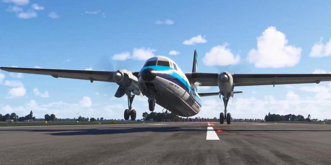 A Fokker F27 Friendship taking off in Microsoft FLight Simulator 2024