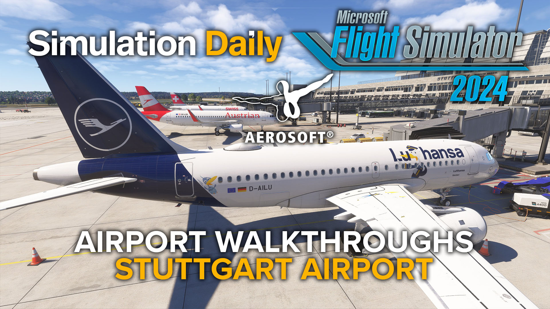 A Lufthansa Airbus A319 in Microsoft Flight Simulator 2024 parked at a gate at Stuttgart Airport by Aerosoft with logos and title.