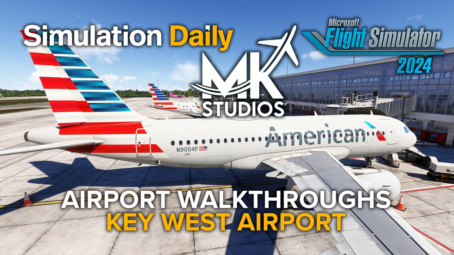 Microsoft Flight Simulator 2024 Airport Walkthrough Screenshot featuring an American Airlines Airbus A319 parked at Key West Airport with MSFS 2024, Simulation Daily, and MK Studios logos.