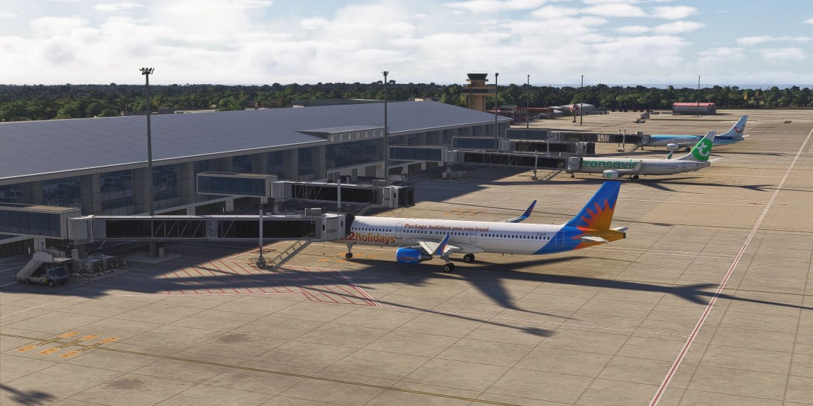 A flight simulation scene: Microsoft Flight Simulator 2024 Menorca Airport