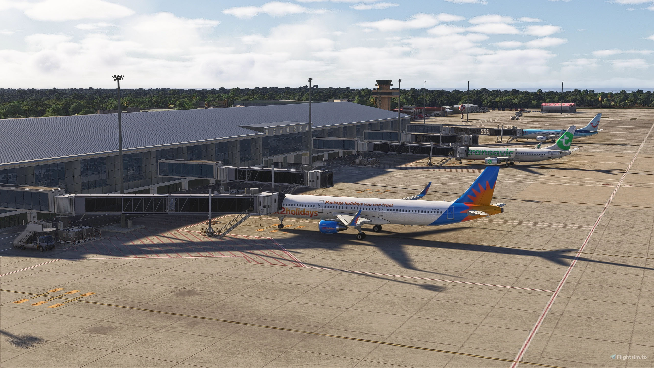 A flight simulation scene: Microsoft Flight Simulator 2024 Menorca Airport