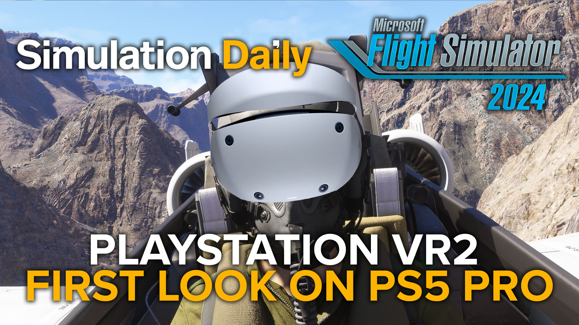 An pilot in the cockpit of an A-10 Thunderbolt 2 in Microsoft Flight Simulator 2024 wearing a PlayStation VR2 headset for PS5 while flying in the Grand Canyon.