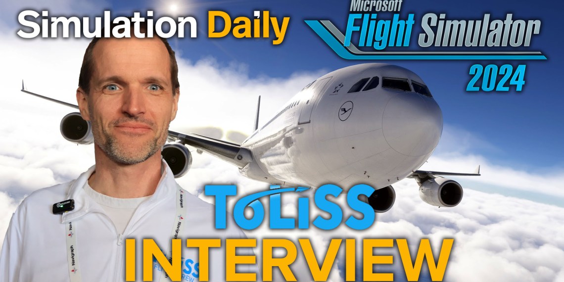 A portrait of Thirsten Liesk and an Airbus A340 by ToLiss and Aerosoft in Microsoft Flight Simulator 2024 wuth Simulation Daily, MSFS 2024, and Toliss Logos and "Interview" title