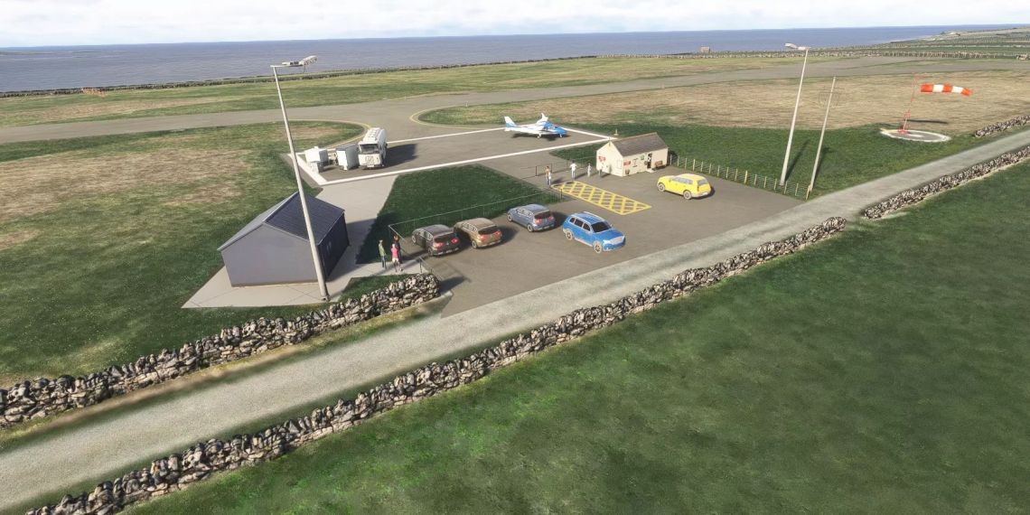 A flight simulation scene: Microsoft Flight Simulator Papa Westray