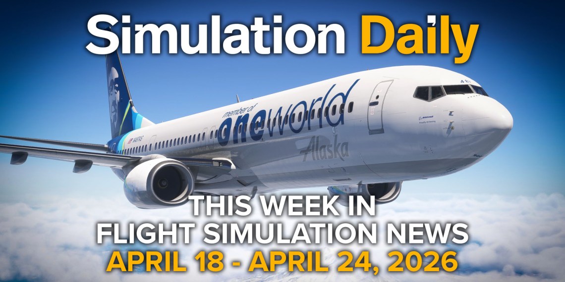 A Boeing 737-900 in Alaska OneWorld colors by PMDG in Microsoft Flight Simulator 2024 with Simulation Daily logo and "This Week in Flight Simulation News April 18 - April 24" title.