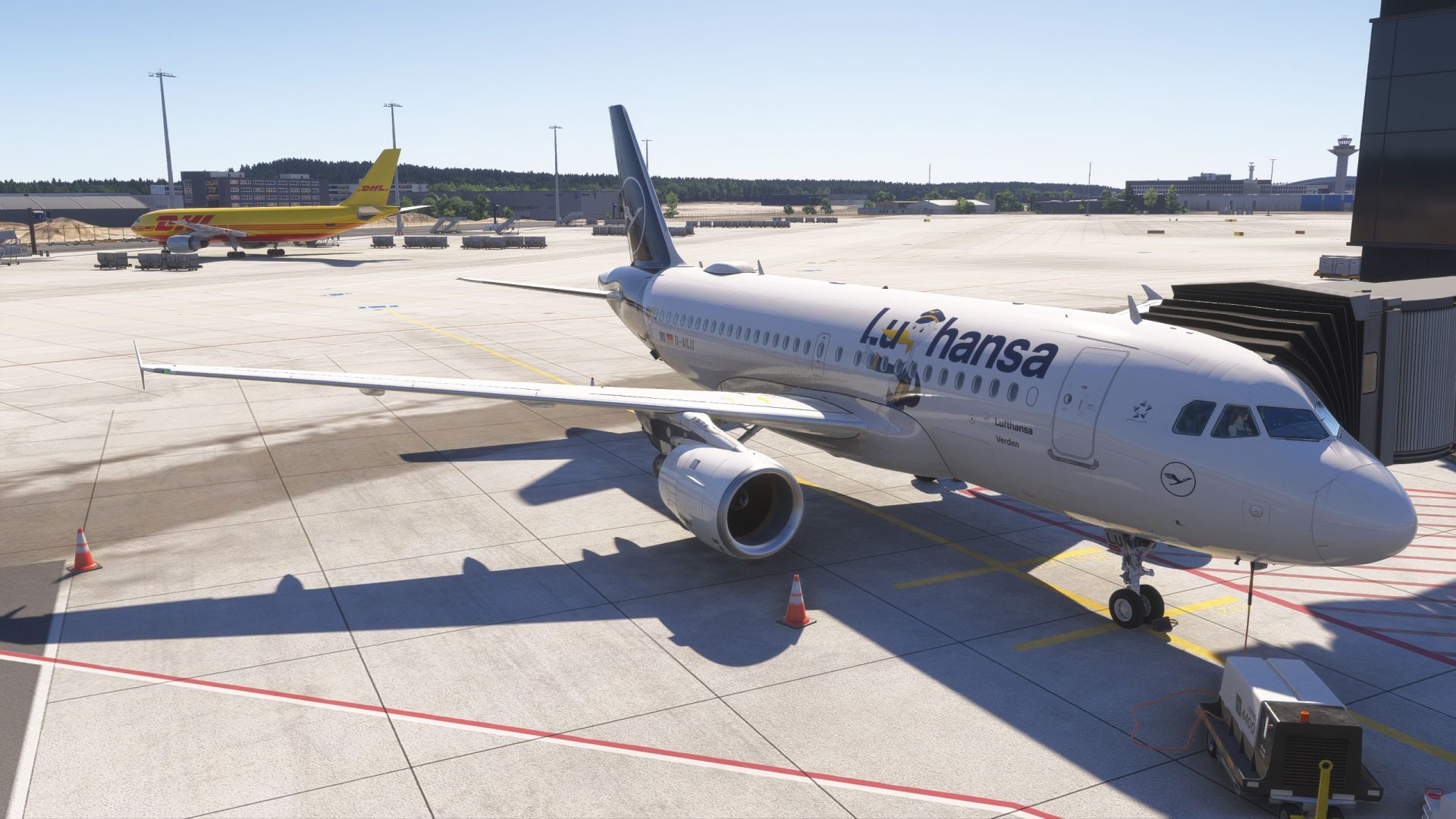 A flight simulation scene: Microsoft Flight Simulator 2024 Frankfurt Terminal 3