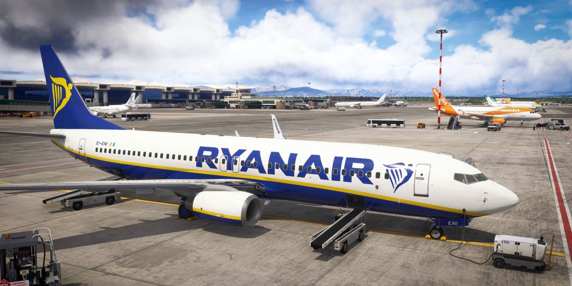 A flight simulation scene: Microsoft Flight Simulator 2024 Milan Malpensa Ryanair