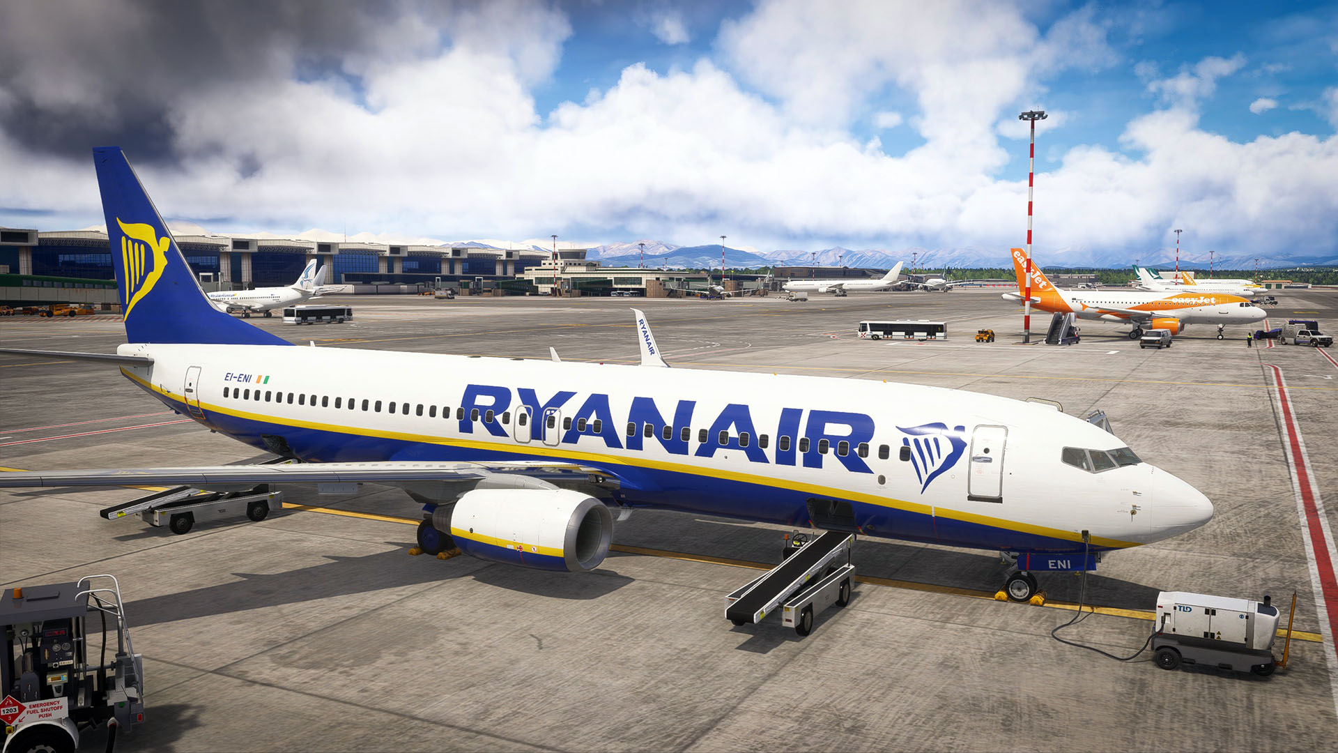 A flight simulation scene: Microsoft Flight Simulator 2024 Milan Malpensa Ryanair
