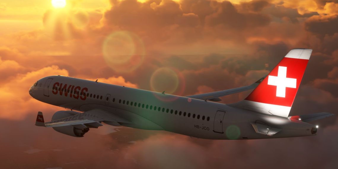 A flight simulation scene: Microsoft Flight Simulator A220