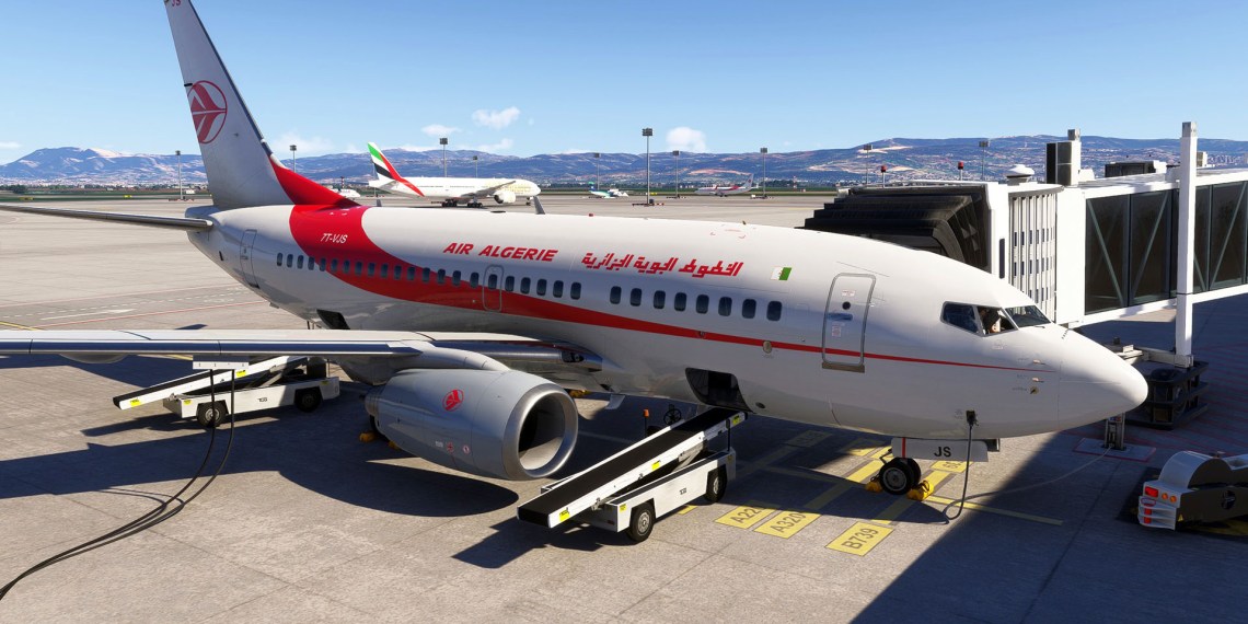 A flight simulation scene: Microsoft Flight Simulator PMDG 737-600