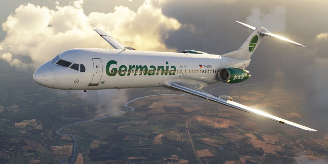 A flight simulation scene: Microsoft Flight Simulator fokker F100