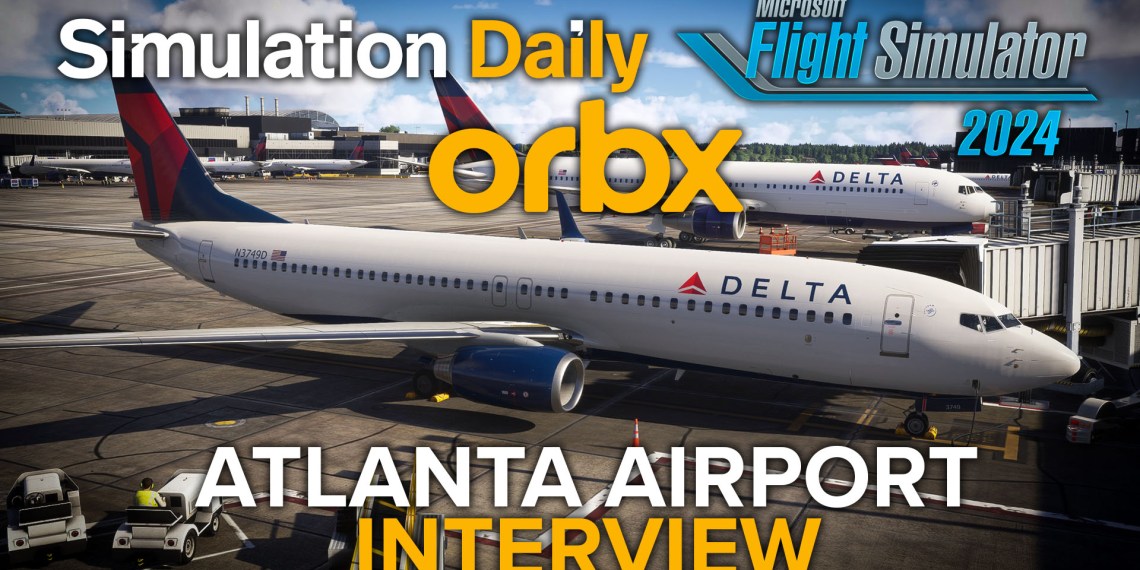 Atlanta Airport in Microsoft Flight Simulator 2024 with parked Boeing 737 in Delta livery with MSFS 2024 logo, Simulation Daily logo, and Orbx logo