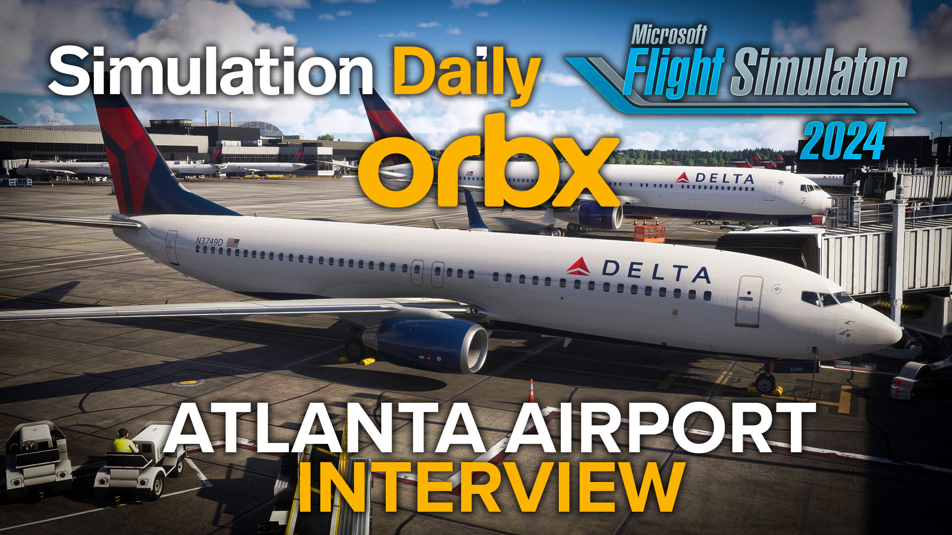 Atlanta Airport in Microsoft Flight Simulator 2024 with parked Boeing 737 in Delta livery with MSFS 2024 logo, Simulation Daily logo, and Orbx logo