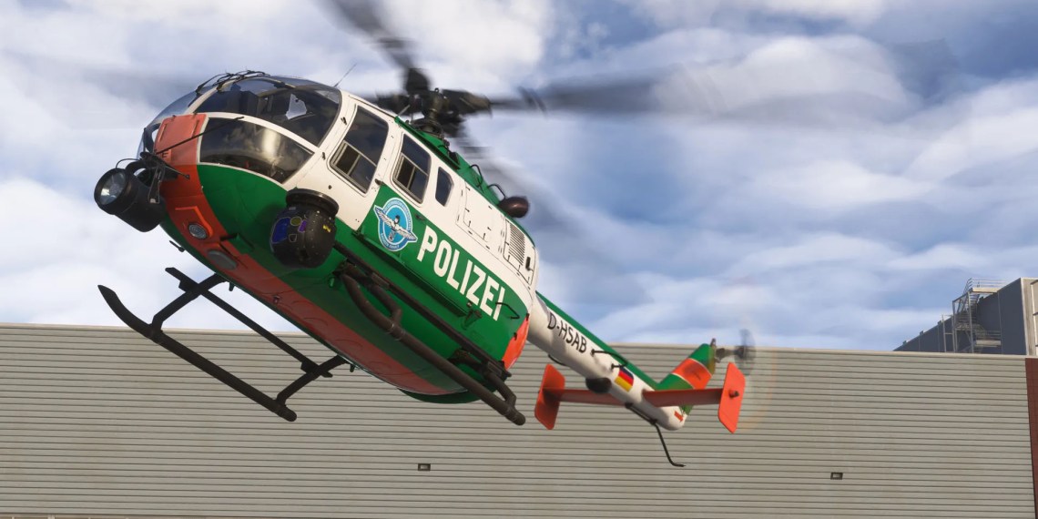 A flight simulation scene: Microsoft Flight Simulator 2024 MBB BO 105