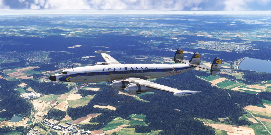 A flight simulation scene: Microsoft Flight Simulator 2024 Super Constellation