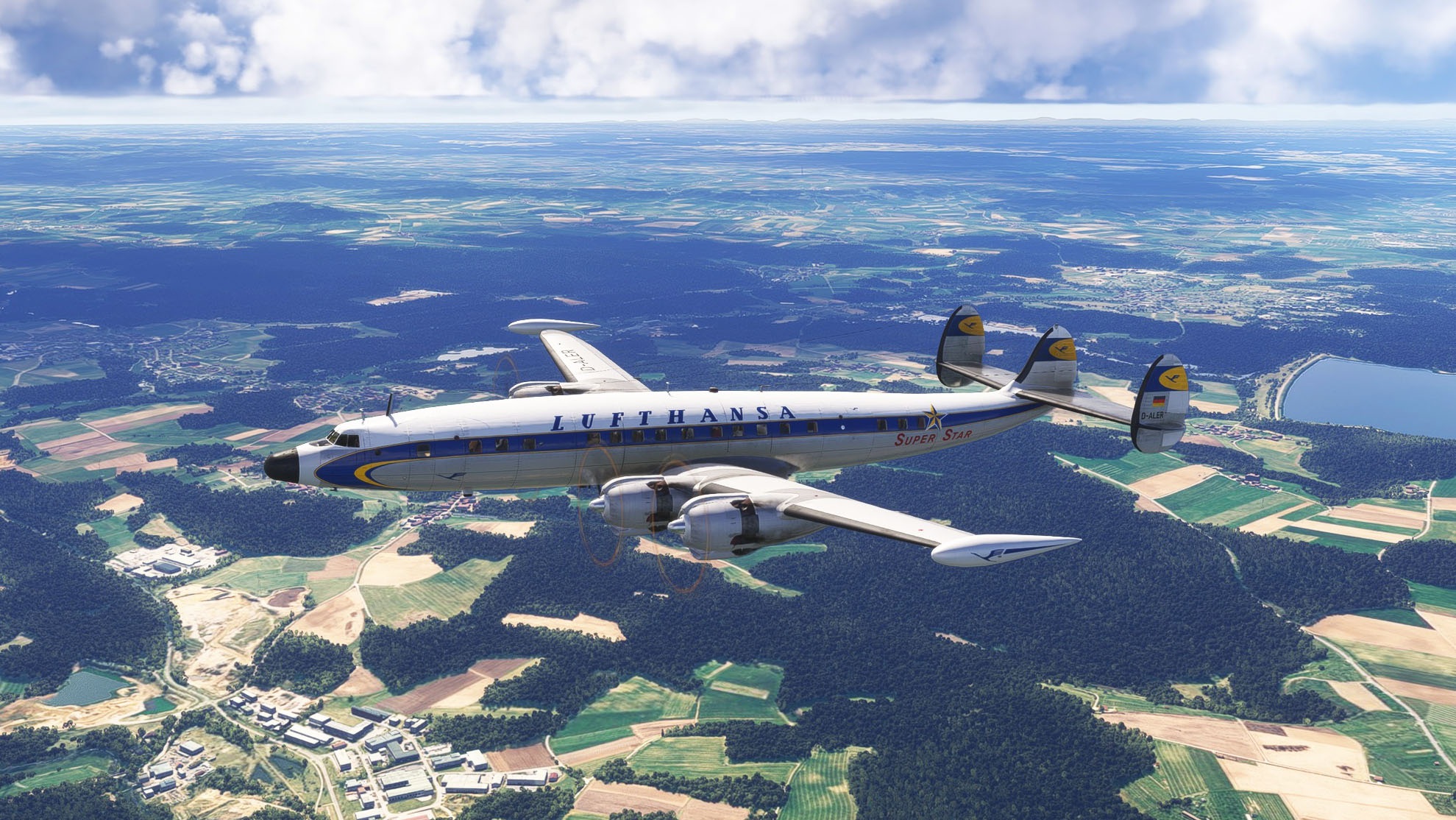 A flight simulation scene: Microsoft Flight Simulator 2024 Super Constellation