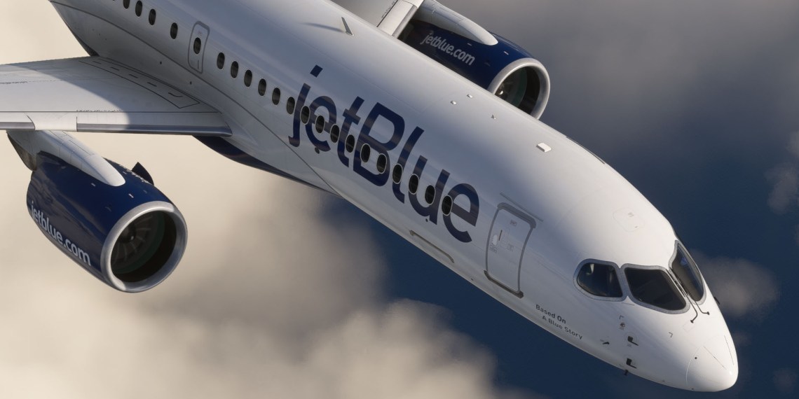 A flight simulation scene: Microsoft Flight Simulator Airbus A220