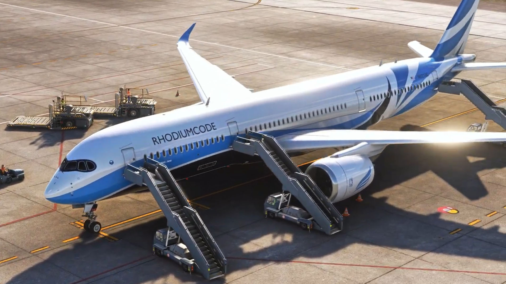 A flight simulation scene: Microsoft Flight Simulator A350 Rhodiumcode