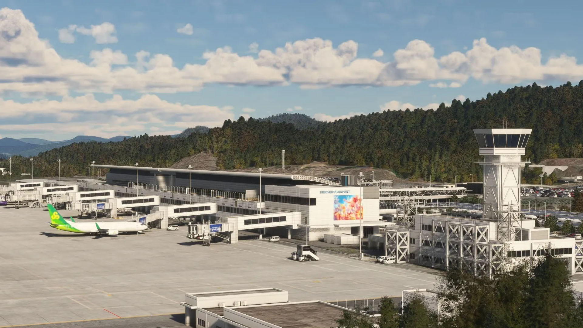 A flight simulation scene: Microsoft Flight Simulator Hiroshima