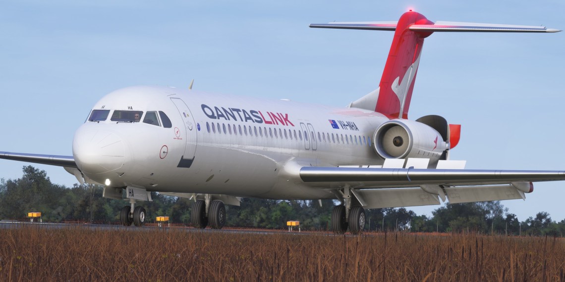 A flight simulation scene: Microsoft Flight Simulator Fokker F100