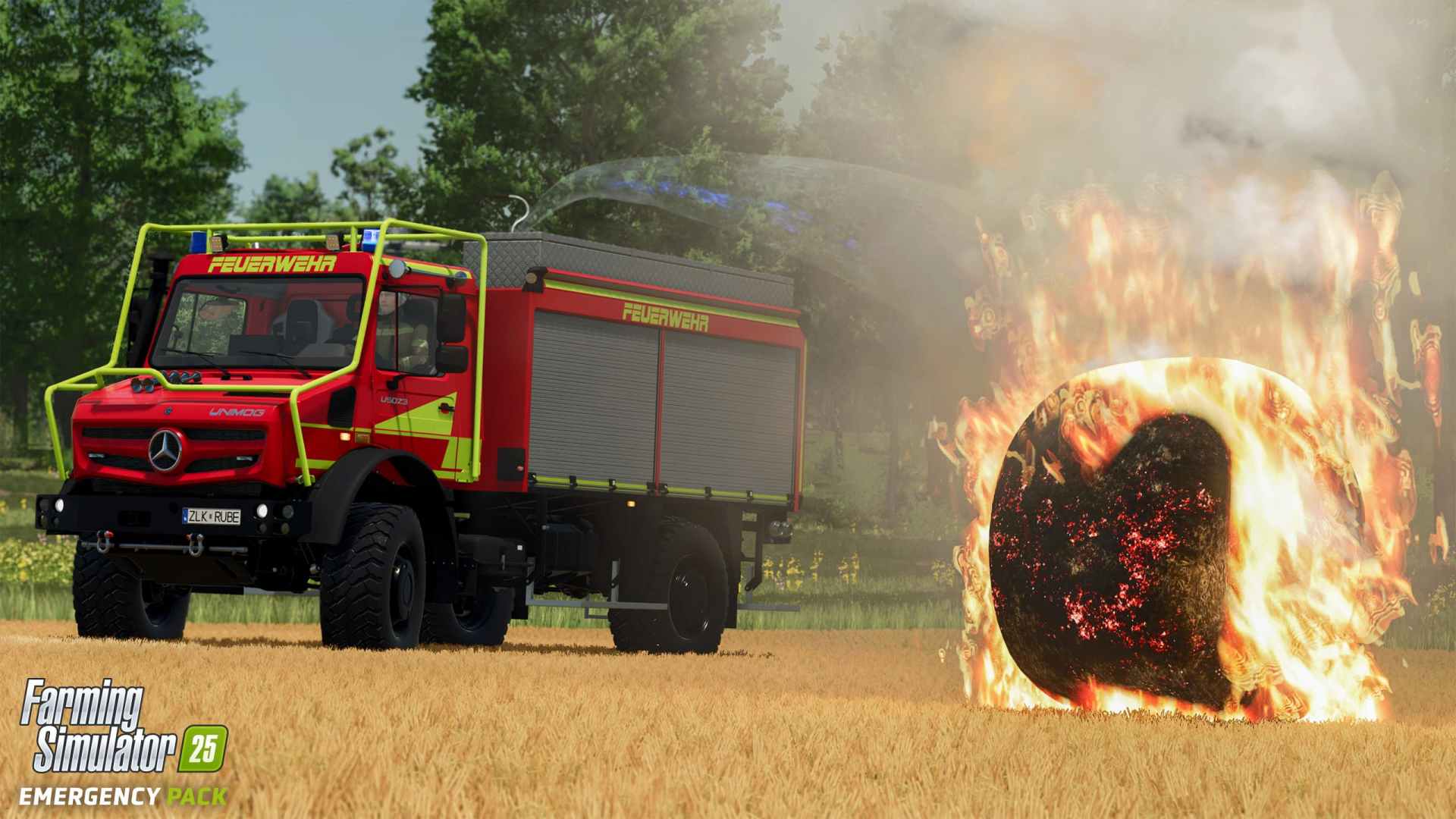 Farming Simulator 25 Emergency Pack fire truck and hay bale on fire