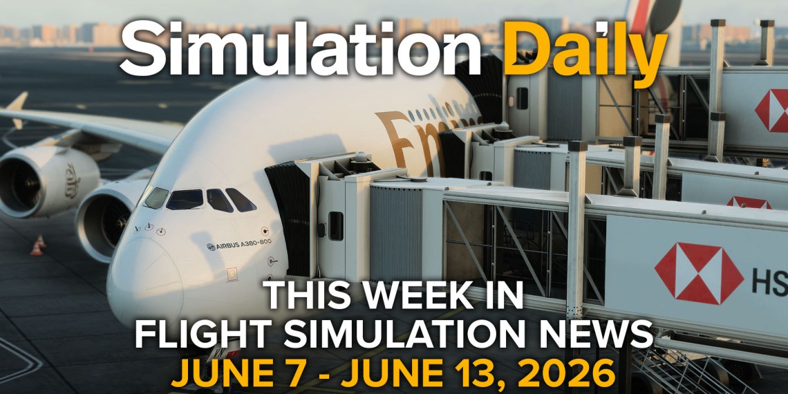 An Airbus A380 in Emirates livery attached to multiple jetways in Microsoft Flight Simulator 2024, with Simulation Daily logo and "This Week in Flight Simulation News June 07 - June 13" title.