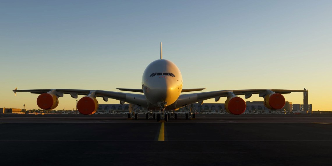 A flight simulation scene: Microsoft Flight Simulator 2024 Airbus A380 Screenshot