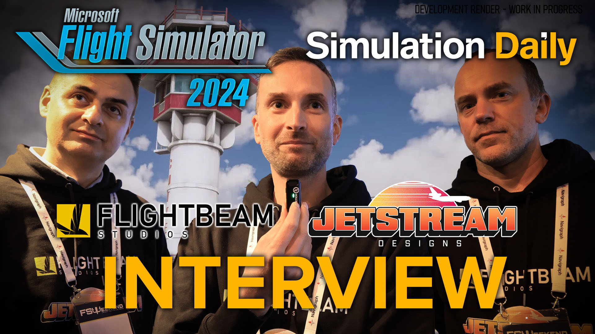 A screenshot of Phoenix Sky Harbor Airport in Microsoft Flight Simulator 2024 with Mir Salehi from Flightbeam Studios and Thomas Lo Gerfo and Marcus Nyberg from JetStream Designs, MSFS 20224, Simulation Daily, Flightbeam Studios, and JetStream Designs logos.