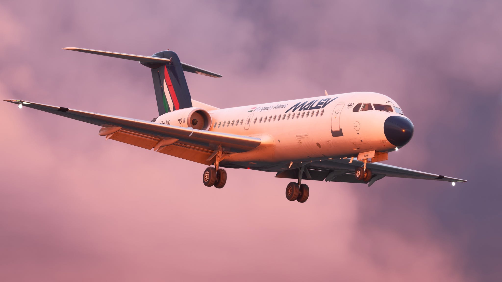 A flight simulation scene: Microsoft Flight Simulator Fokker F100