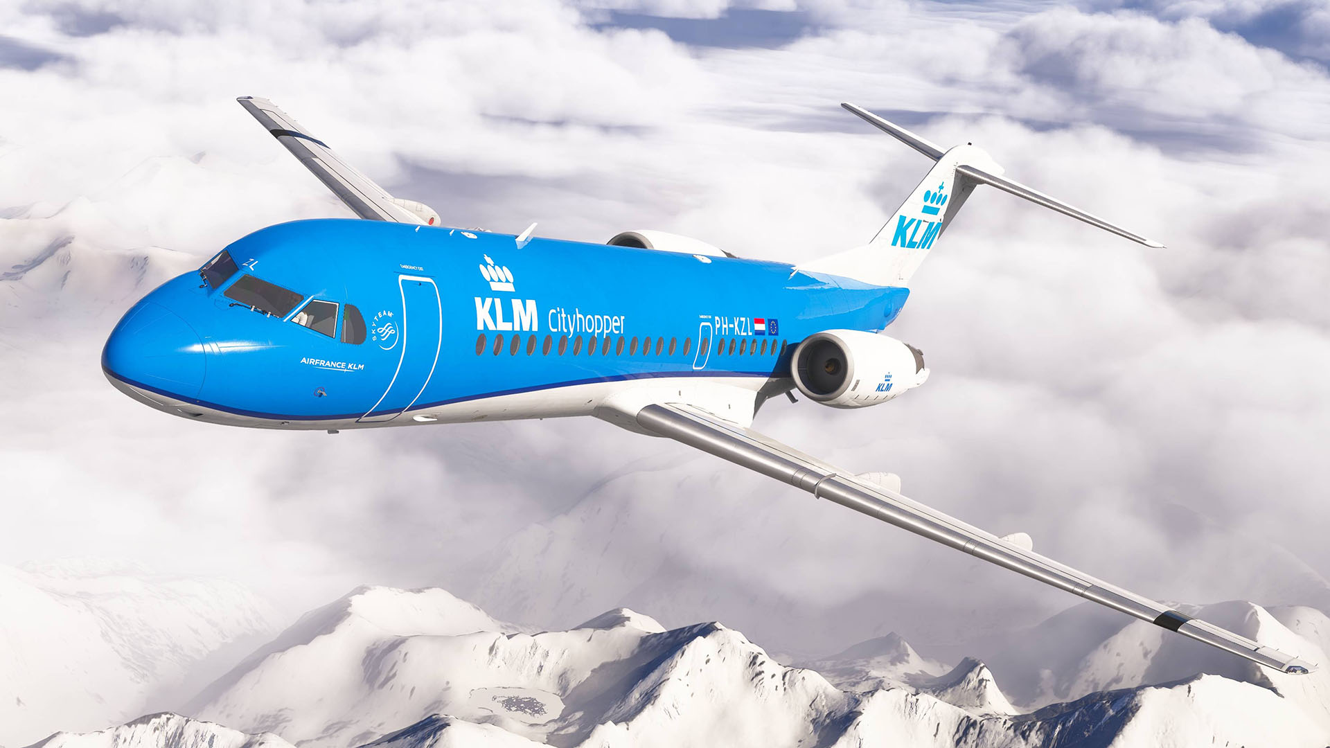 a flight simulation scene: Microsoft Flight Simulator Fokker