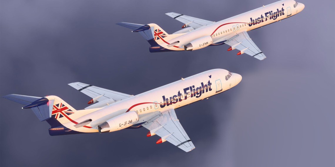 A flight simulation scene: Microsoft Flight Simulator Fokker F70 and F100