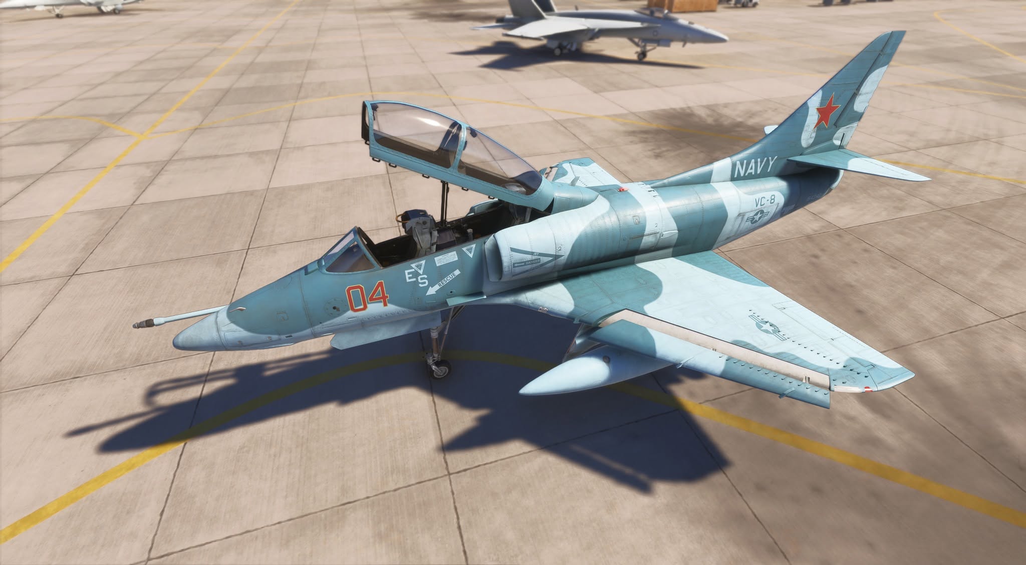 A flight simulation scene: Microsoft Flight Simulator 2024 TA-4J Skyhawk