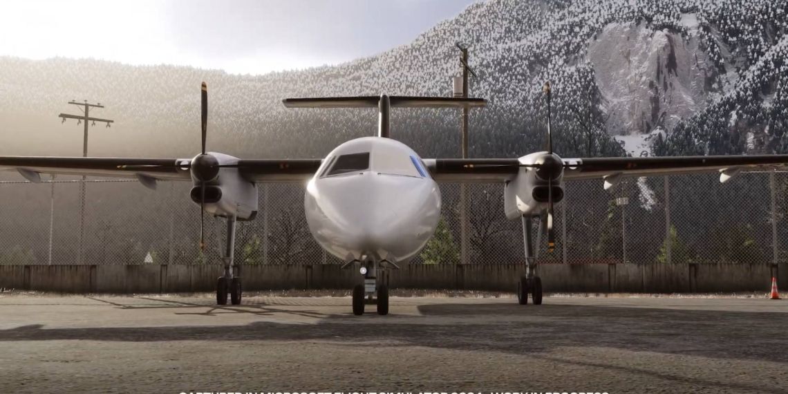 A flight simulation scene: Microsoft Flight Simulator 2024 Dash 8