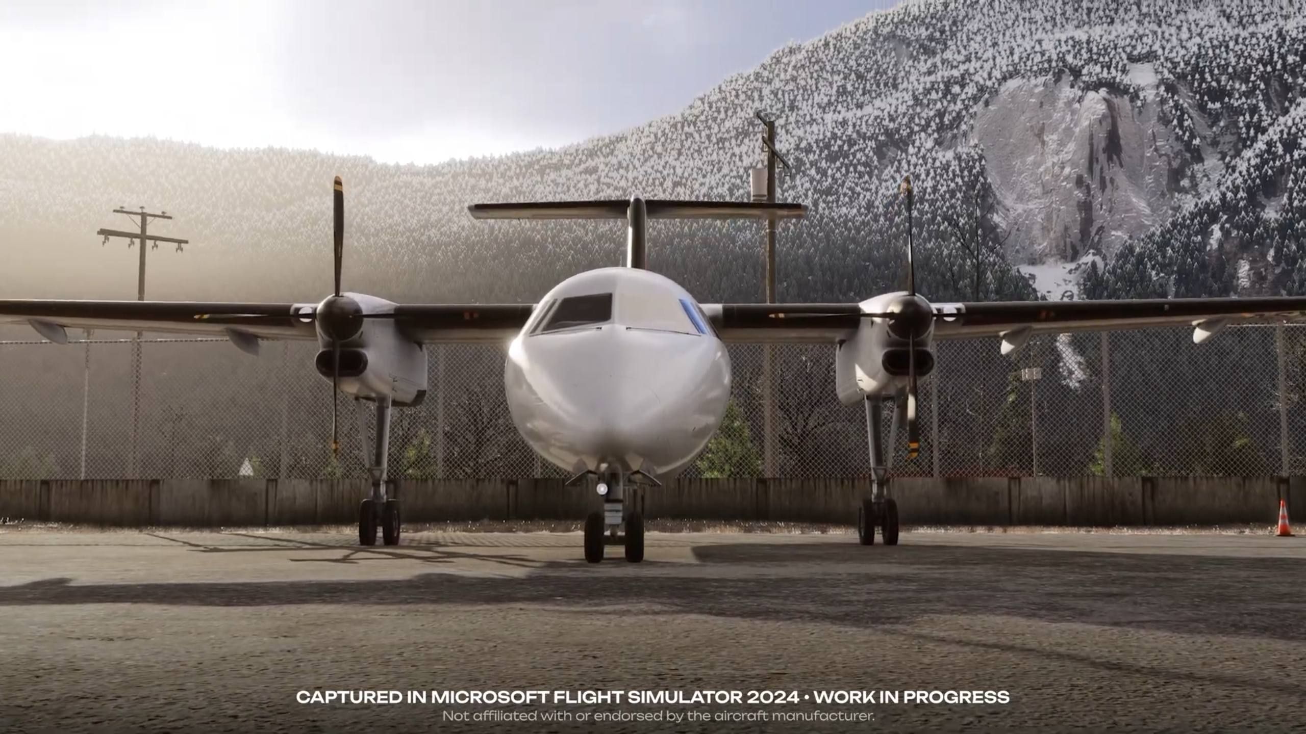 A flight simulation scene: Microsoft Flight Simulator 2024 Dash 8