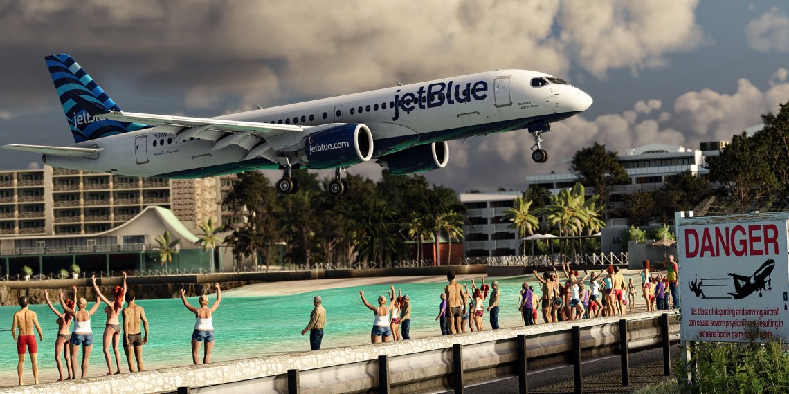 A flight simulation scene: Microsoft Flight Simulator A220