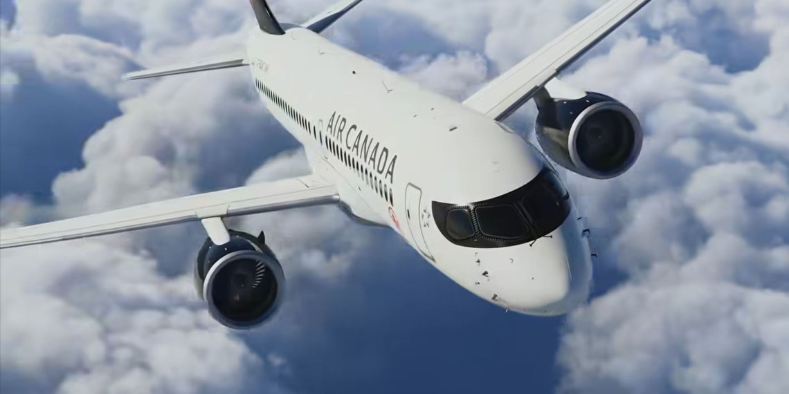 A flight simulation scene: Microsoft Flight Simulator A220 Air Canada