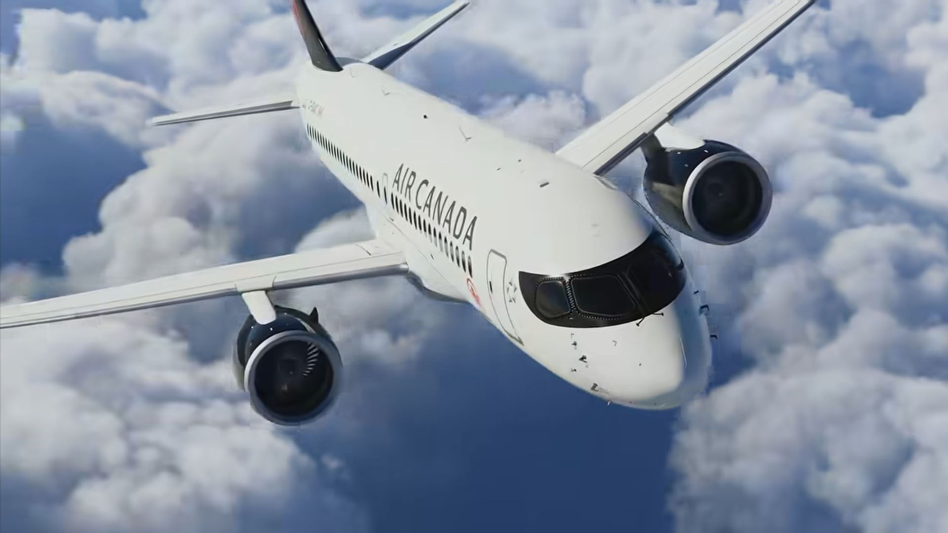 A flight simulation scene: Microsoft Flight Simulator A220 Air Canada