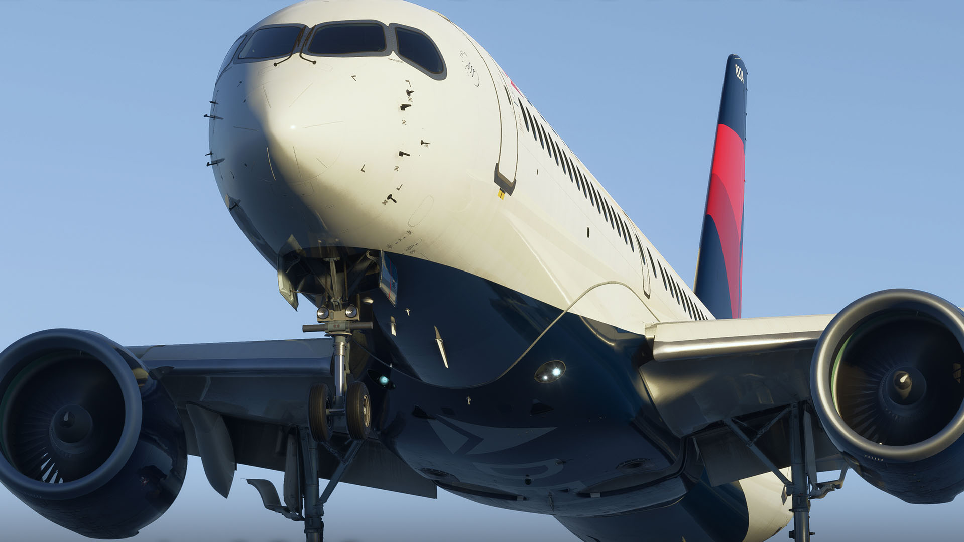 A flight simulation scene: Microsoft Flight Simulator A220