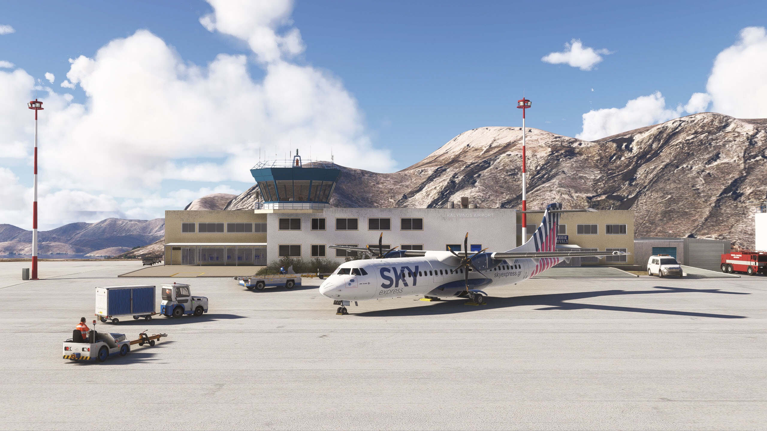 A flight simulation scene: Microsoft Flight Simulator Kalymnos