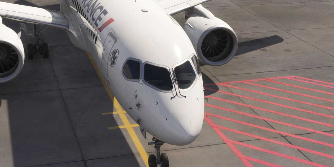 A flight simulation scene: Microsoft Flight Simulator Airbus A220