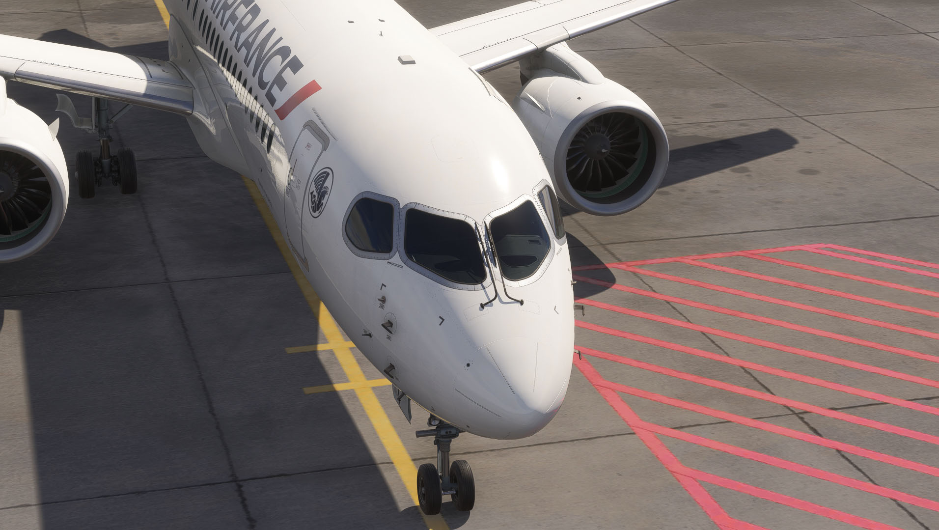A flight simulation scene: Microsoft Flight Simulator Airbus A220