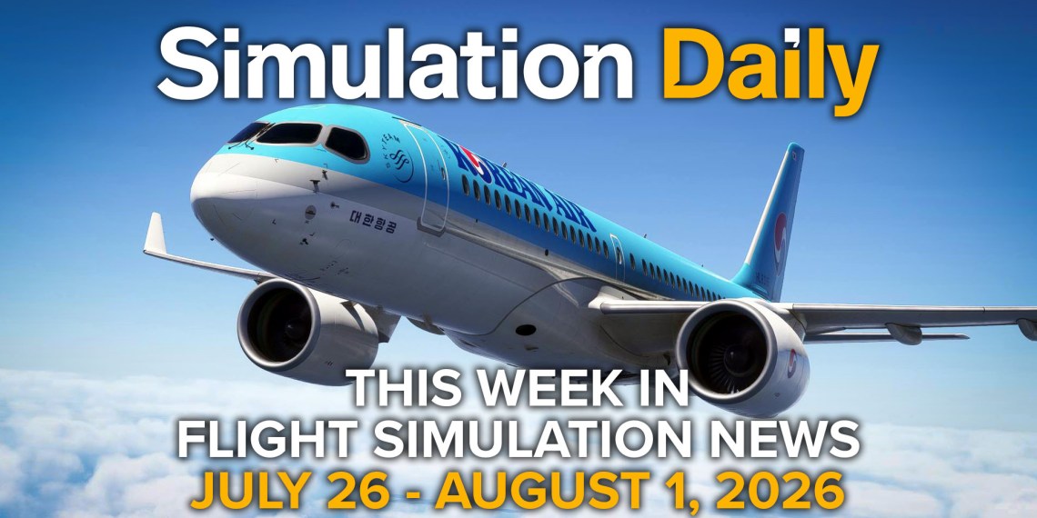 An Airbus A220 in Korean Airlines livery in Microsoft Flight Simulator 2024, with Simulation Daily logo and "This Week in Flight Simulation News July 26 - August 1" title.