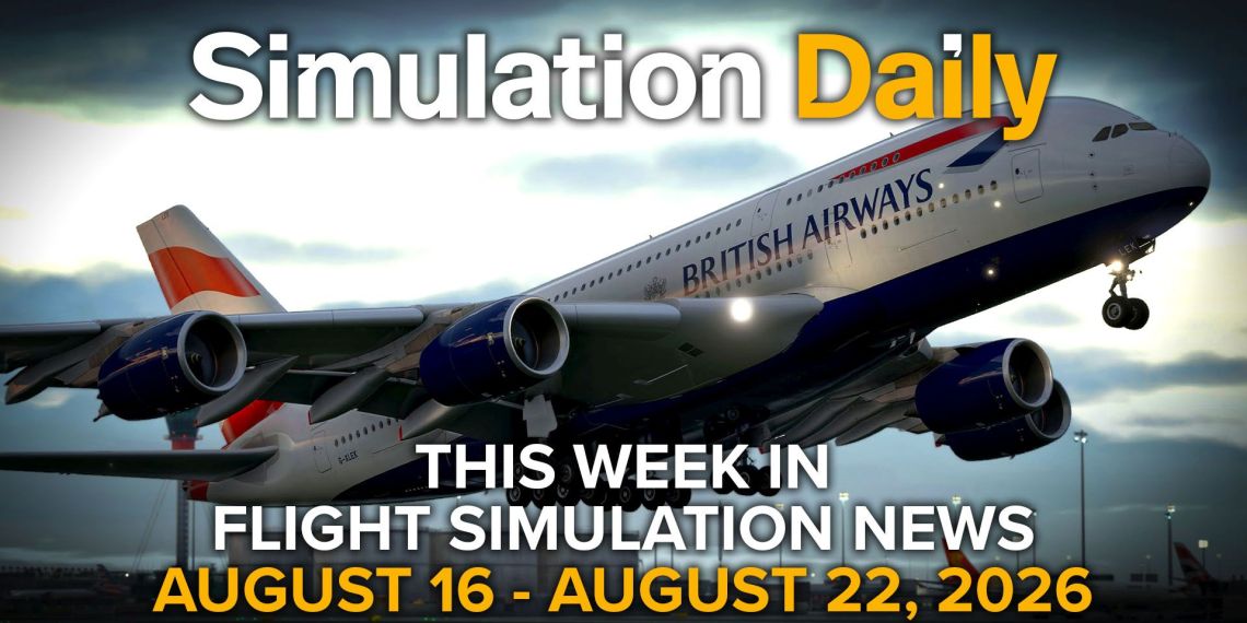 An Airbus A380 in British Airways livery in Microsoft Flight Simulator 2024, with Simulation Daily logo and "This Week in Flight Simulation News August 16 - August 22" title.