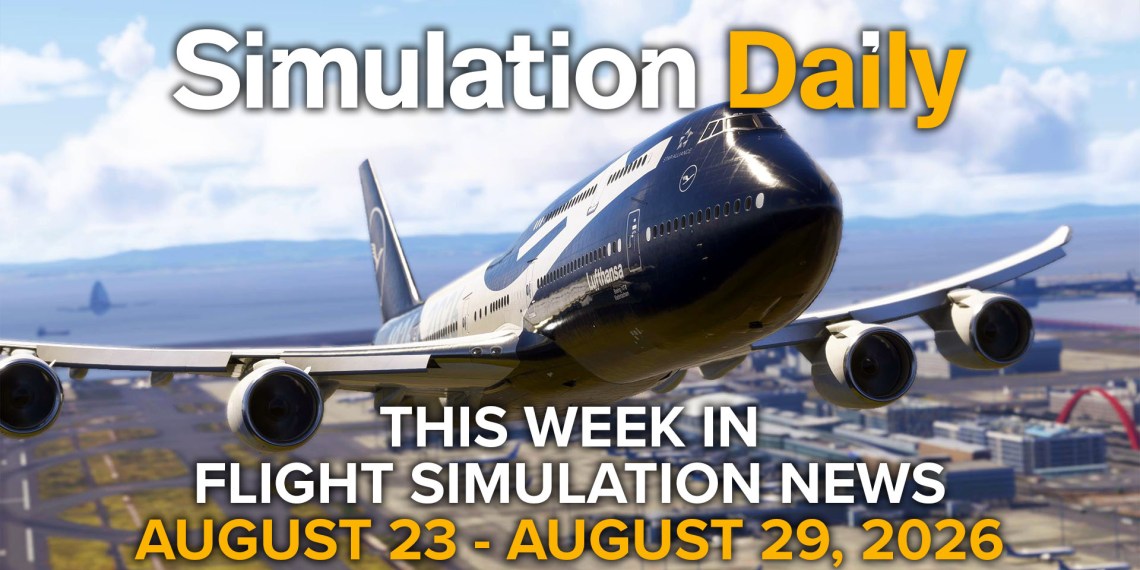 A Boeing 747 in Lufthansa 100th Anniversary livery in Microsoft Flight Simulator 2024 taking off from Tokyo Haneda Airport, with Simulation Daily logo and "This Week in Flight Simulation News August 23 - August 29" title.