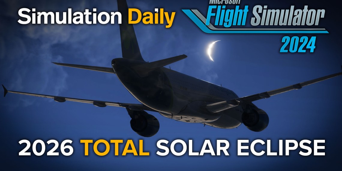 An Airbus A320 in Microsoft Flight Simulator 2024 with the solar eclipse in the background.