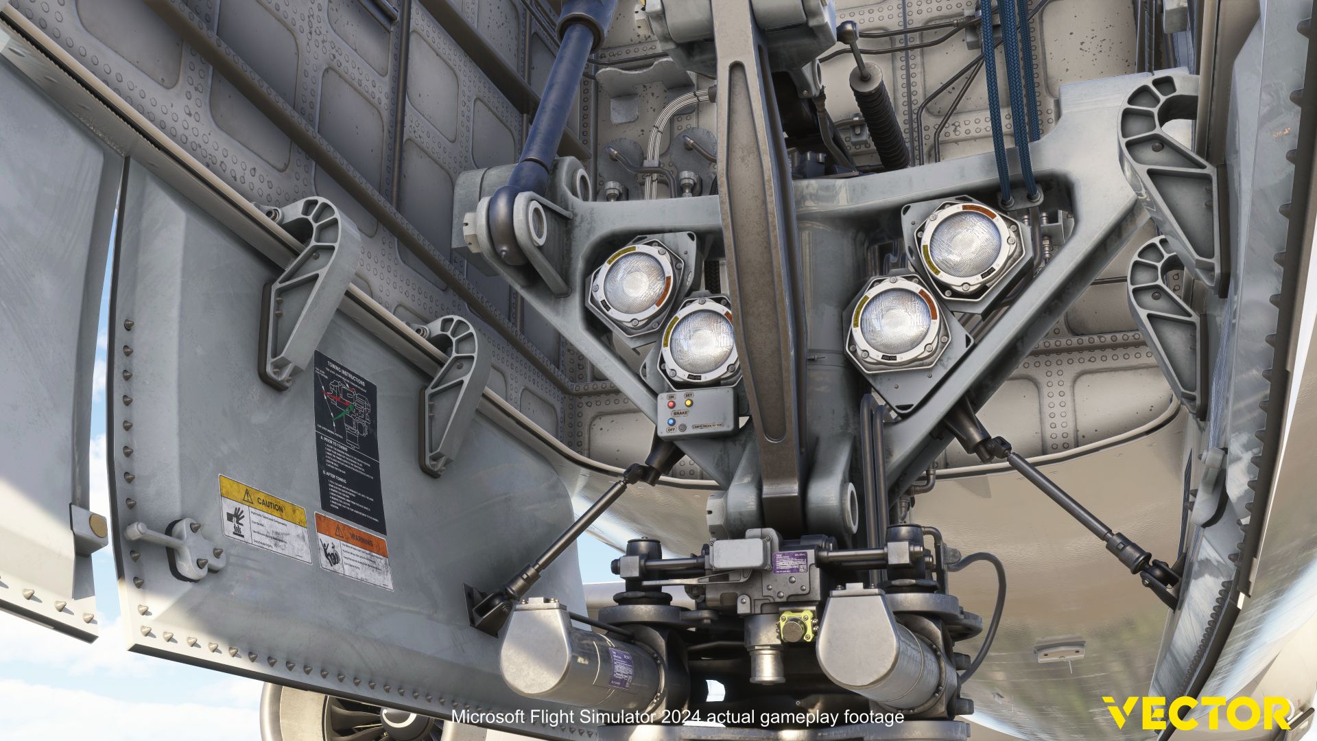 A flight simulation scene: Microsoft Flight Simulator 2024 Vector 787 landing gear bay
