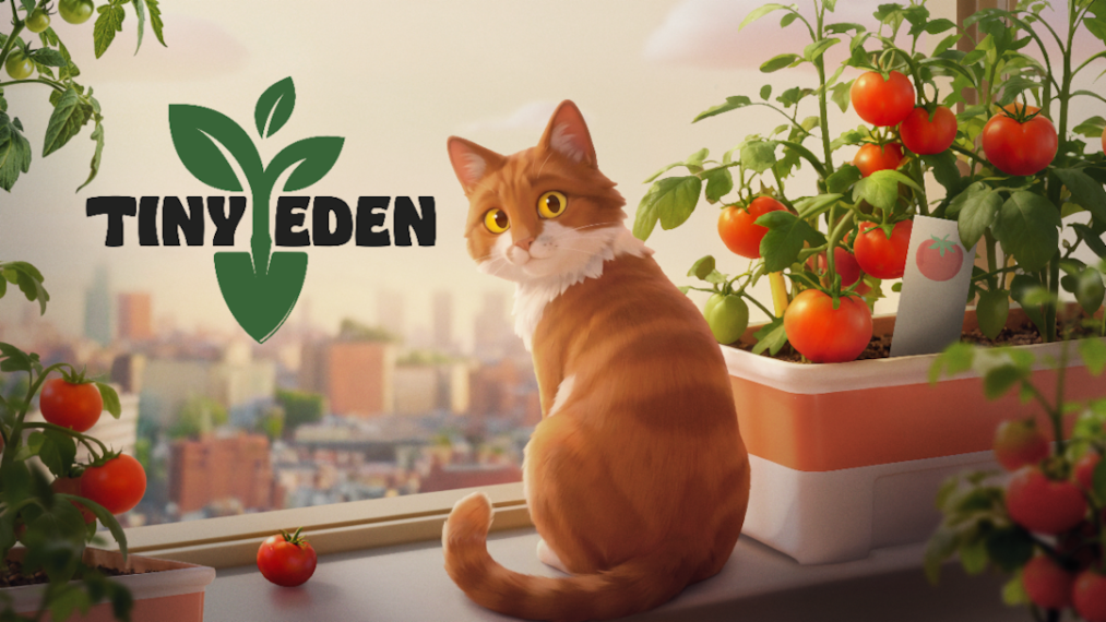 Tiny Eden Indoor Agricultural Paradise Sim key art of cat sitting next to tomato plants