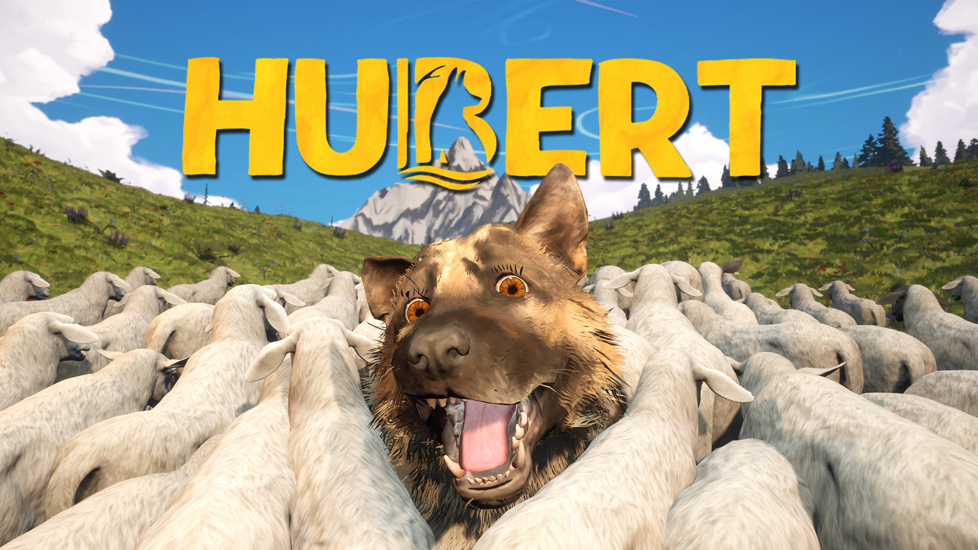 hubert key art with shepherd dog among sheep flock