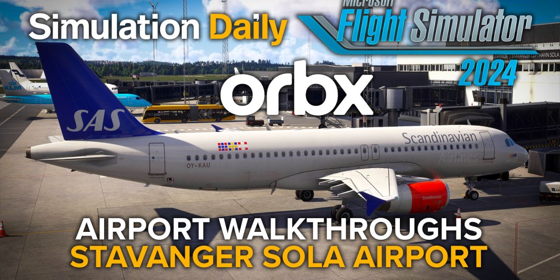 Microsoft Flight Simulator 2024 Airport Walkthroughs featured image showing a SAS A320 at Stavanger Sola Airport.