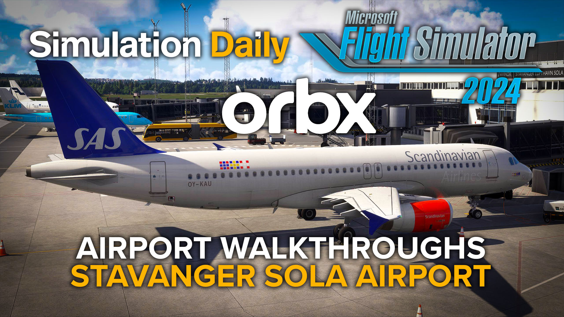 Microsoft Flight Simulator 2024 Airport Walkthroughs featured image showing a SAS A320 at Stavanger Sola Airport.